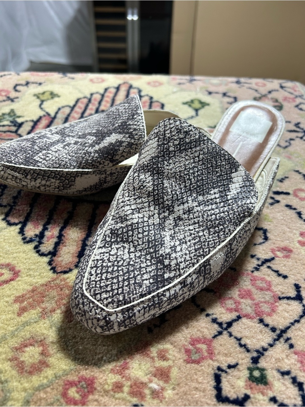 Dolce Vita Women's Snake-Print Pointed Mules in Black and White